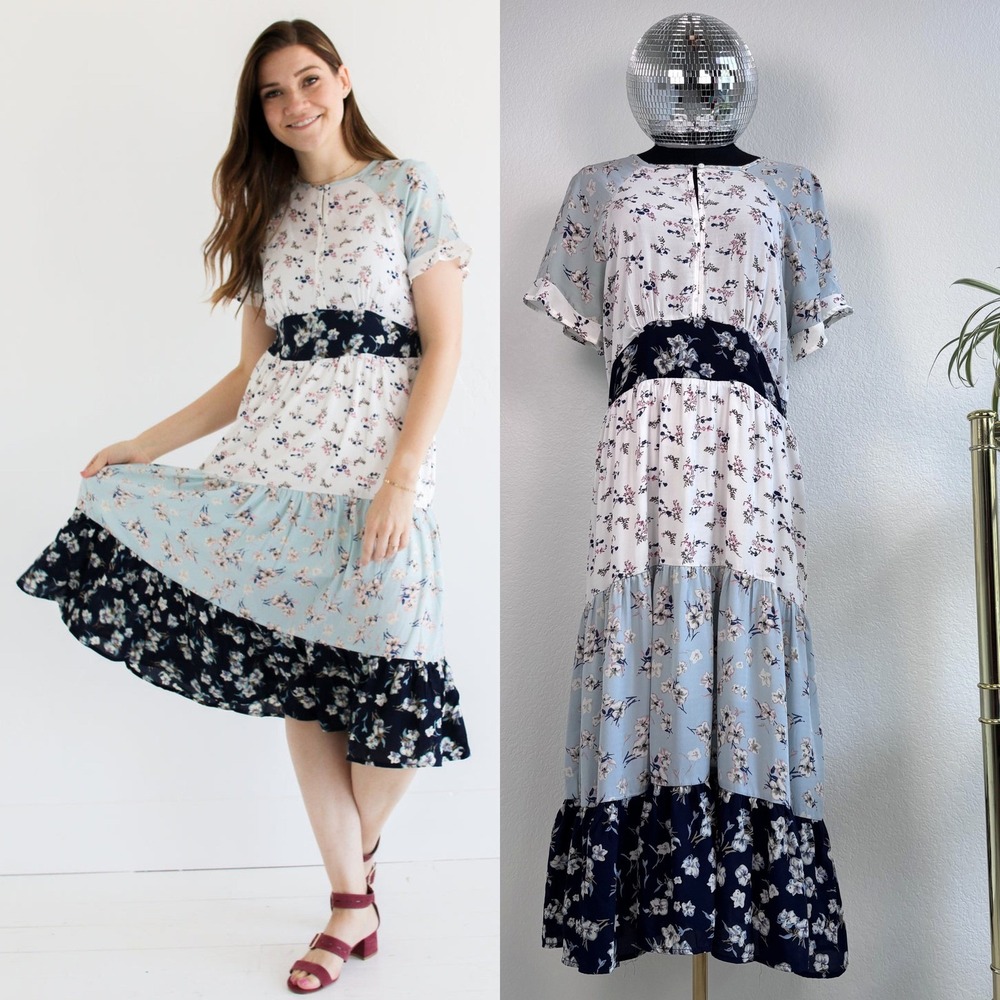 Hayden LA Floral Print Tiered Midi Dress, Large | Blue White Cottagecore boho